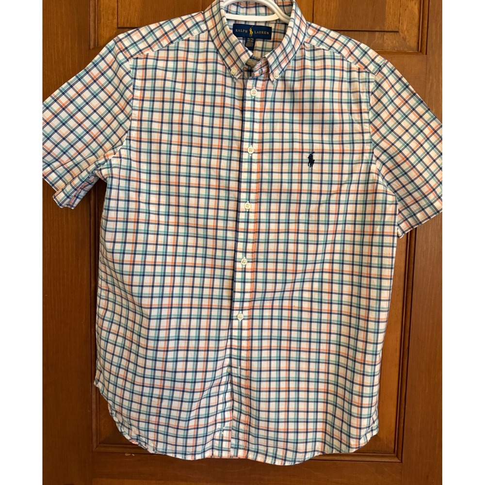 Ralph Lauren Boys Plaid Button-Up Size XL (18-20) Blue/Green Short Sleeve Cotton